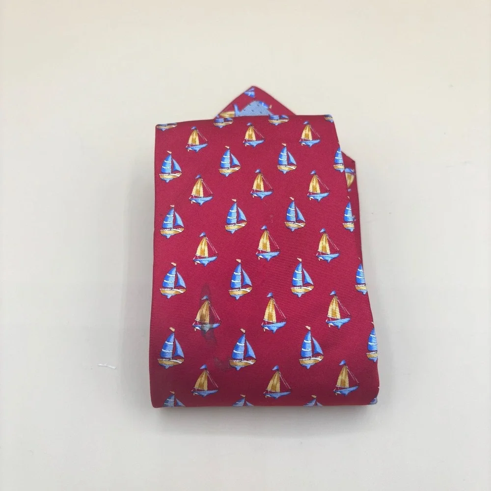 Tropical Isle Mens Silk Tie Red Nautical Sailboat Preppy Coastal Yacht Club 4
